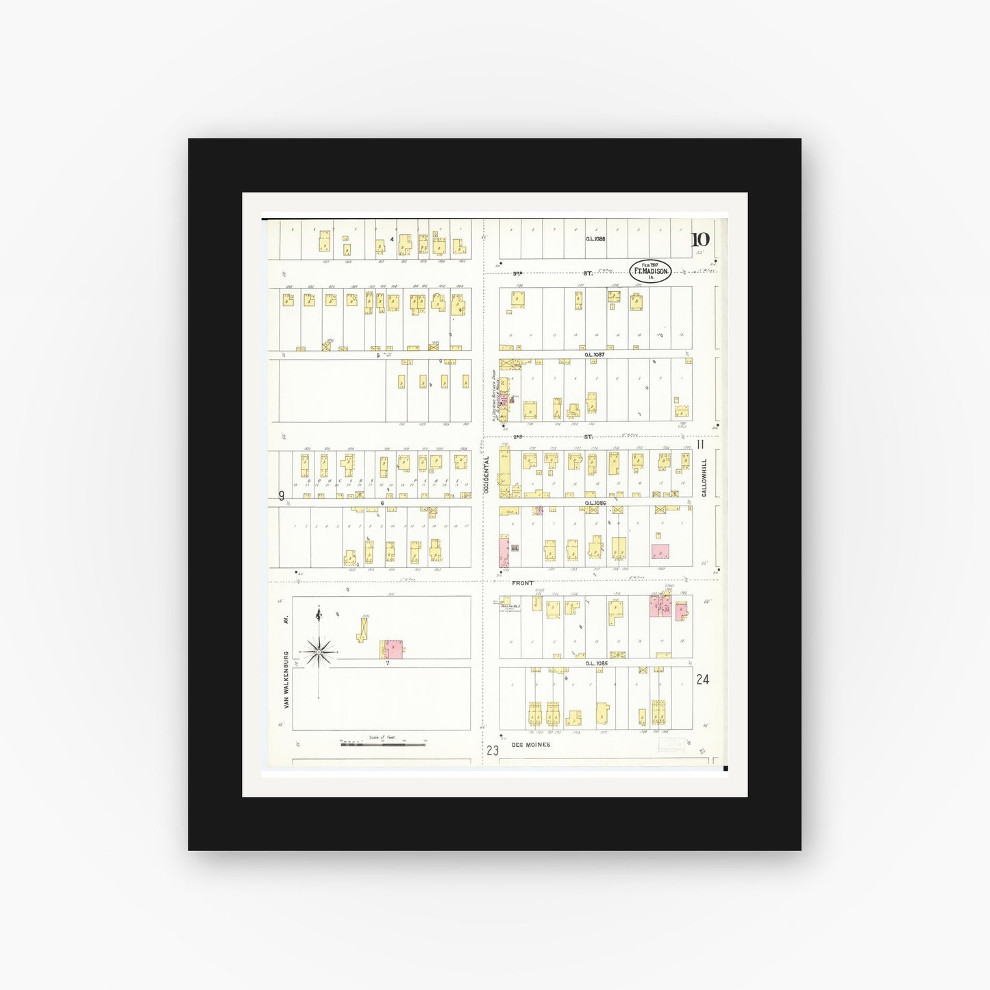Old map wall art mockup — black gallery frame with white mat — Sanborn Fire Insurance Map from Fort Madison, Lee County, Iowa (1907), Sheet #0010