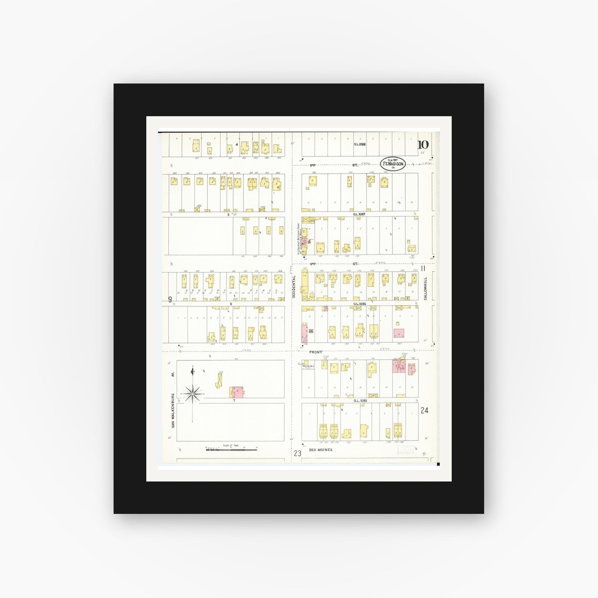 Old map wall art mockup — black gallery frame with white mat — Sanborn Fire Insurance Map from Fort Madison, Lee County, Iowa (1907), Sheet #0010