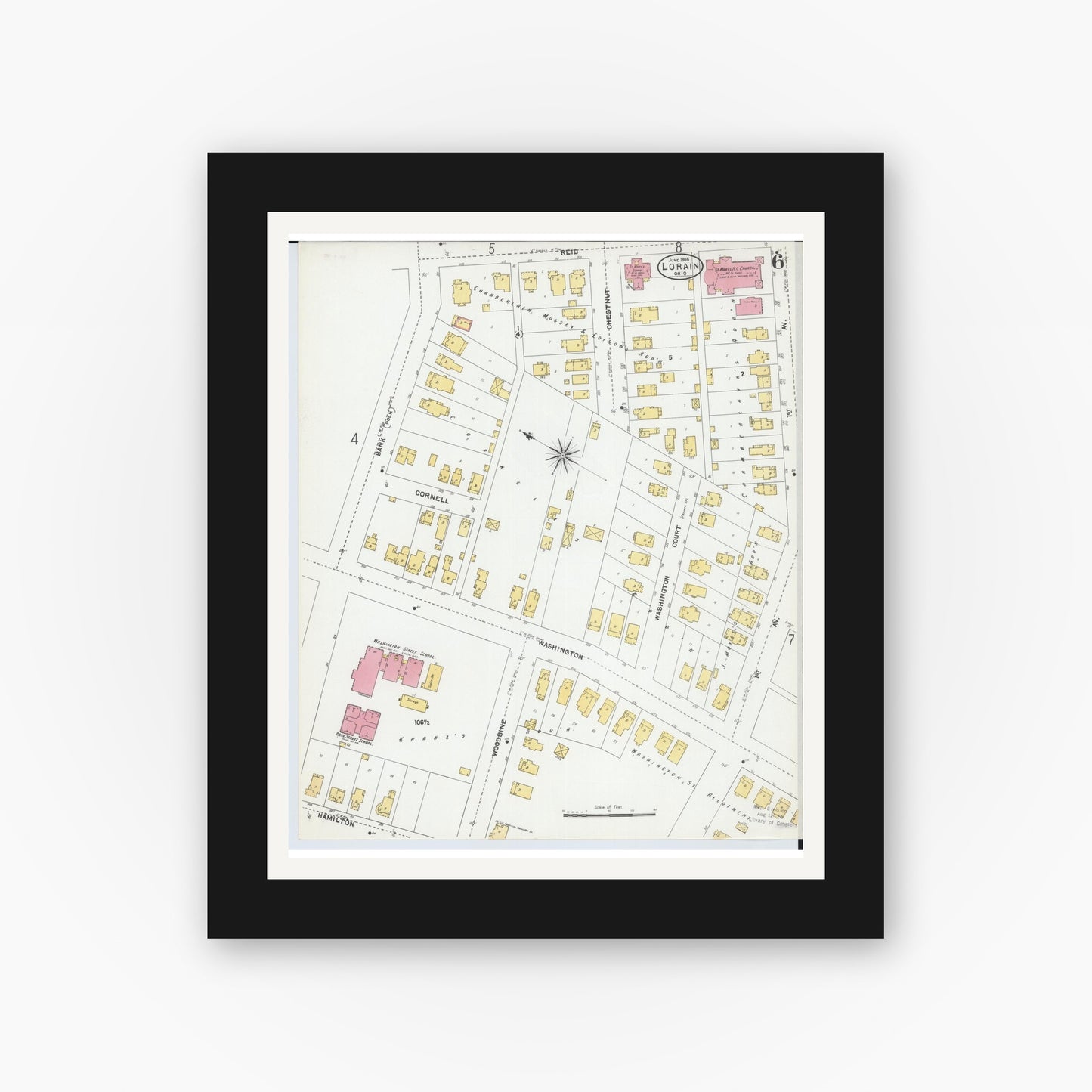Old map wall art mockup — black gallery frame with white mat — Sanborn Fire Insurance Map from Lorain, Lorain County, Ohio (1905), Sheet #0006