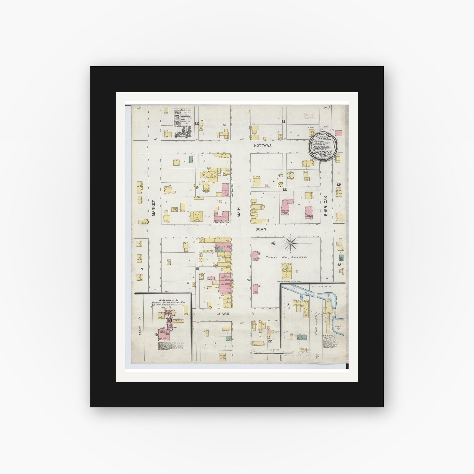 Old map wall art mockup — black gallery frame with white mat — Sanborn Fire Insurance Map from Centreville, Saint Joseph County, Michigan (1892), Sheet #0001