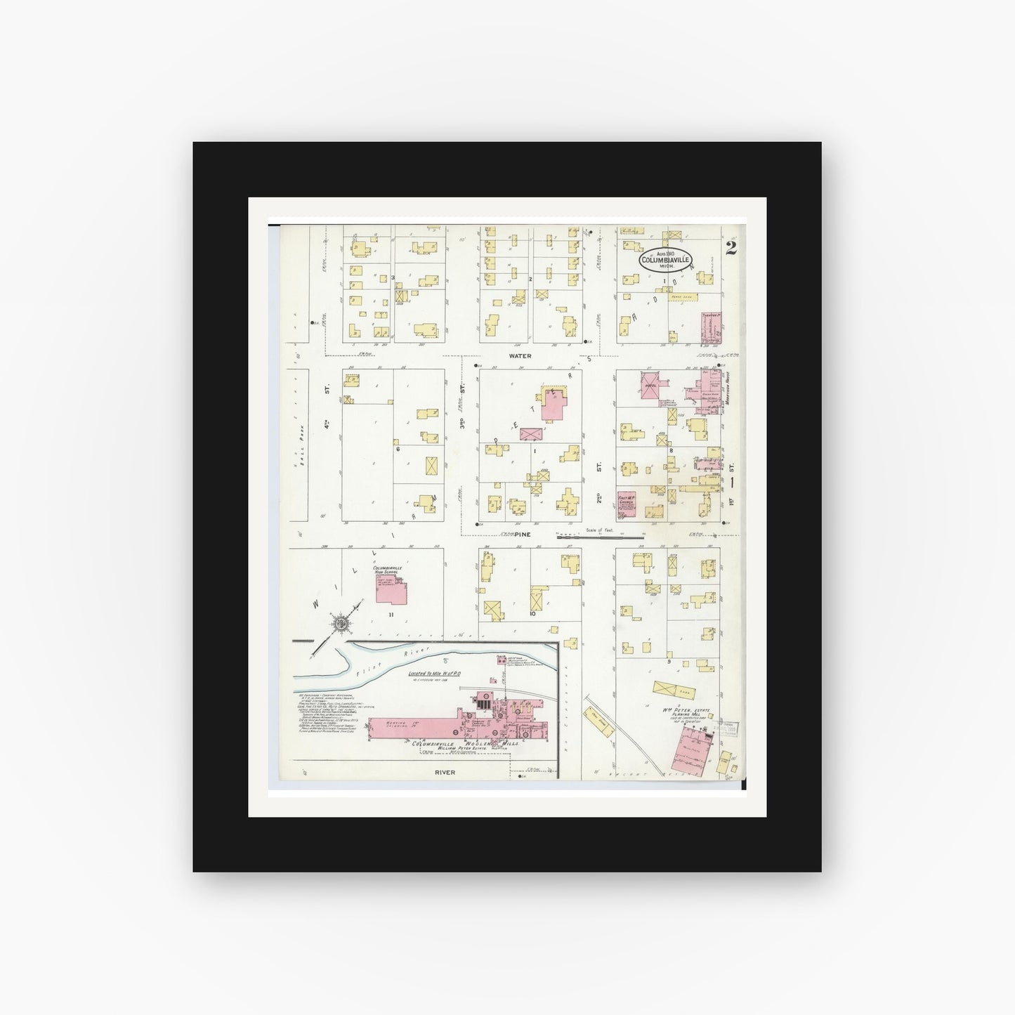 Old map wall art mockup — black gallery frame with white mat — Sanborn Fire Insurance Map from Columbiaville, Lapeer County, Michigan (1910), Sheet #0002