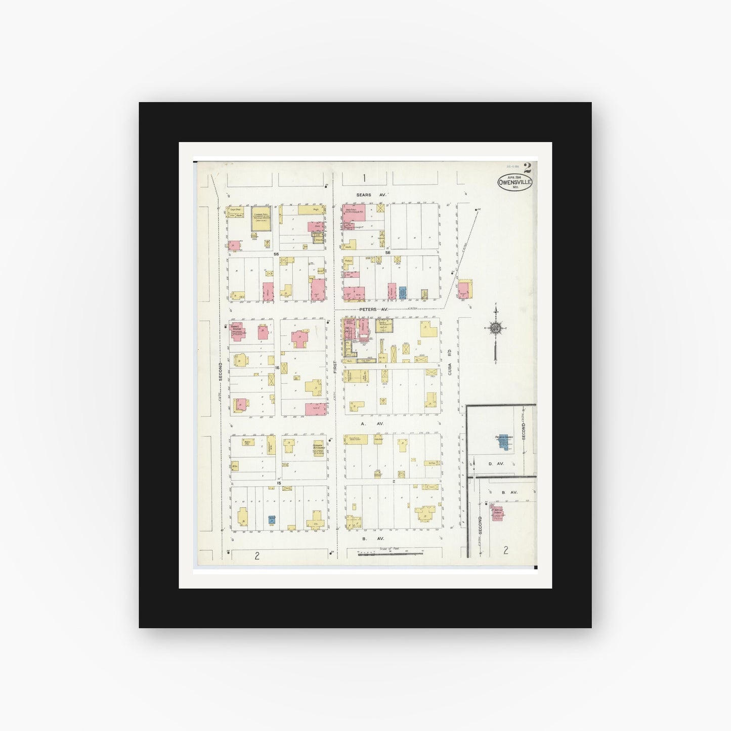 Old map wall art mockup — black gallery frame with white mat — Sanborn Fire Insurance Map from Owensville, Gasconade County, Missouri (1914), Sheet #0002