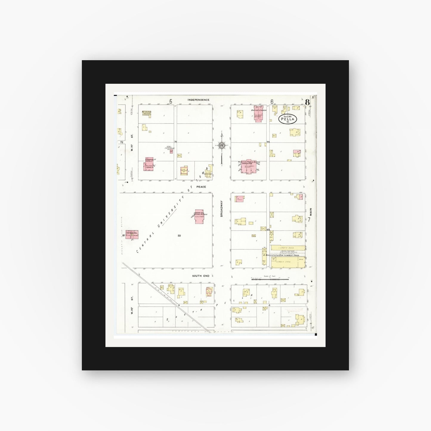 Old map wall art mockup — black gallery frame with white mat — Sanborn Fire Insurance Map from Pella, Marion County, Iowa (1911), Sheet #0008