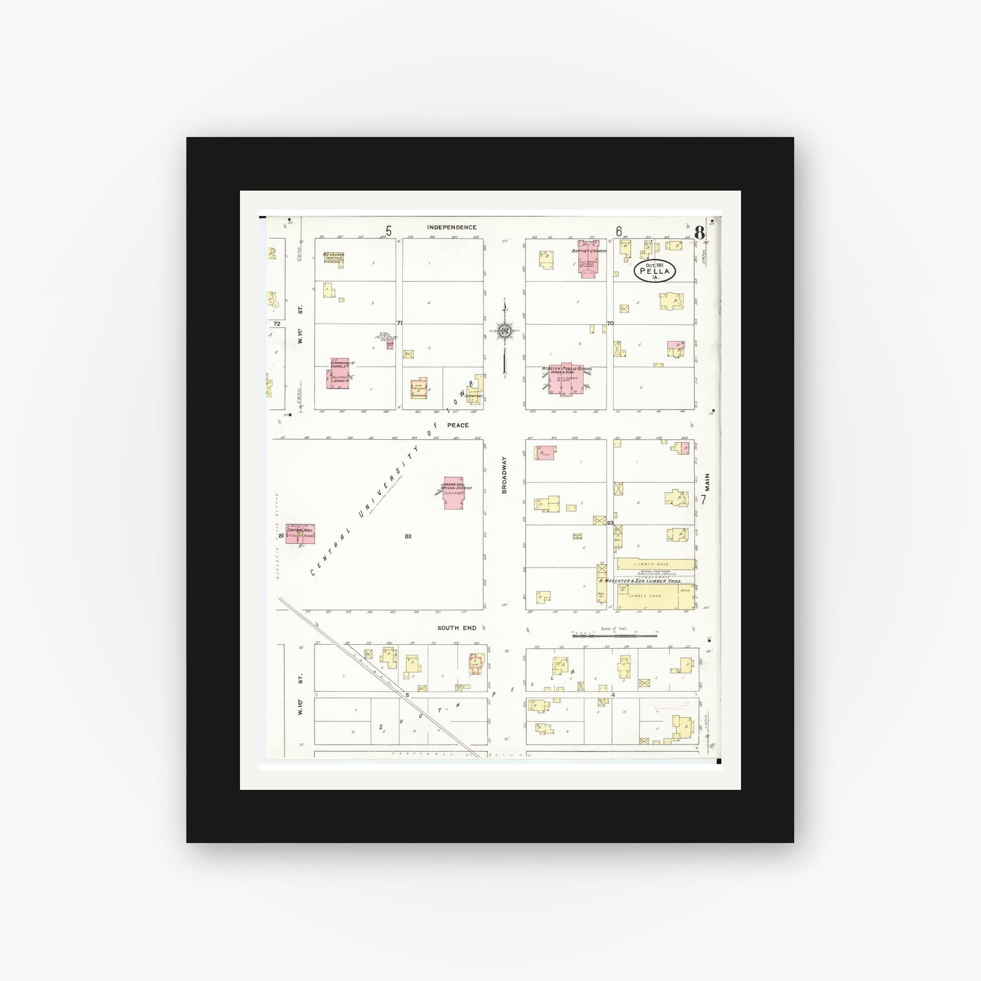 Old map wall art mockup — black gallery frame with white mat — Sanborn Fire Insurance Map from Pella, Marion County, Iowa (1911), Sheet #0008