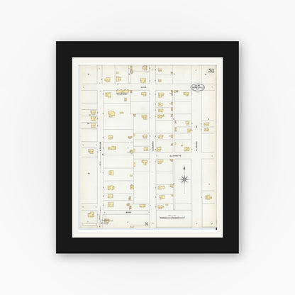 Old map wall art mockup — black gallery frame with white mat — Sanborn Fire Insurance Map from Gainesville, Cooke County, Texas (1908), Sheet #0031