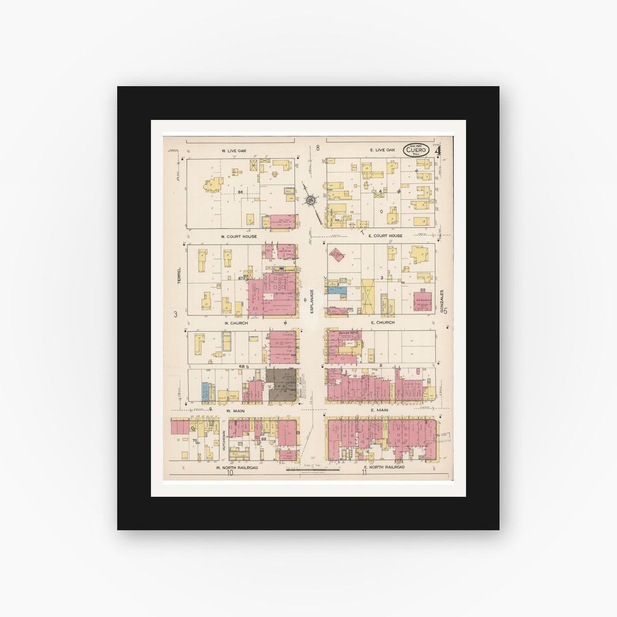 Old map wall art mockup — black gallery frame with white mat — Sanborn Fire Insurance Map from Cuero, De Witt County, Texas (1922), Sheet #0004
