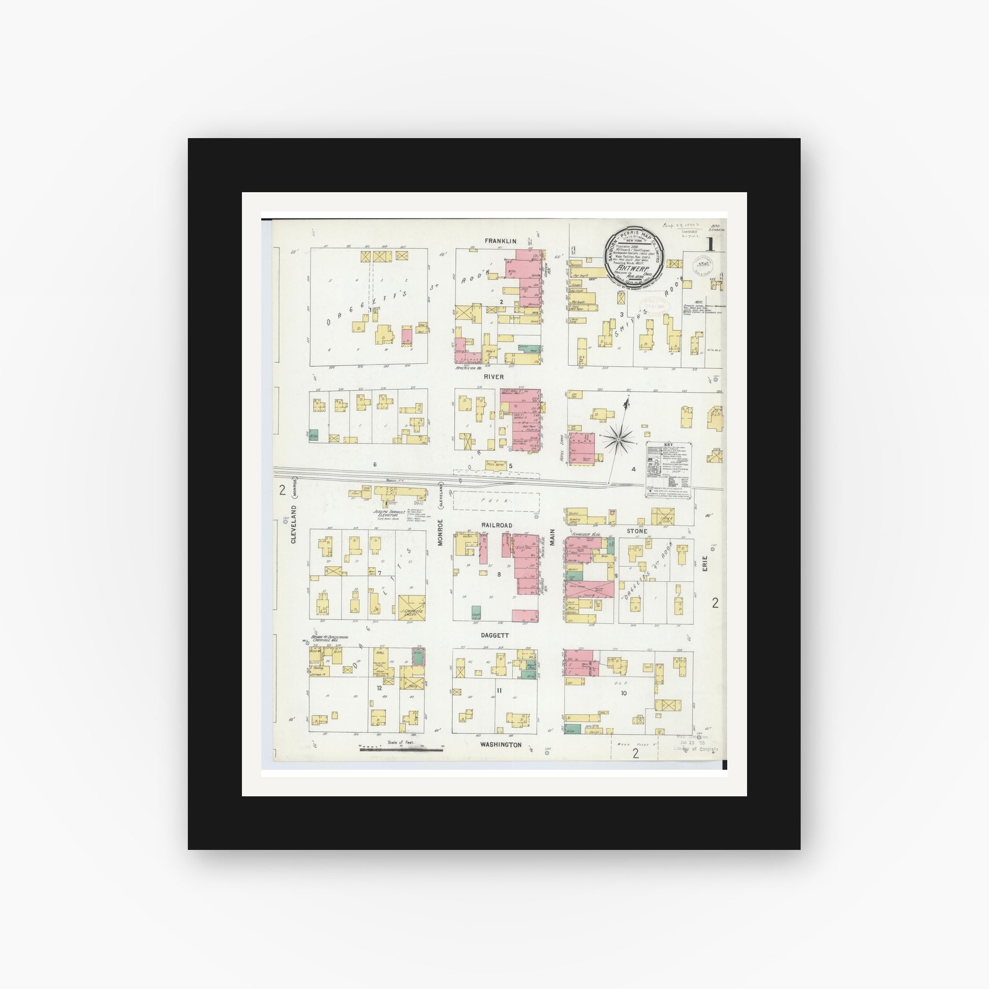 Old map wall art mockup — black gallery frame with white mat — Sanborn Fire Insurance Map from Antwerp, Paulding County, Ohio (1899), Sheet #0001