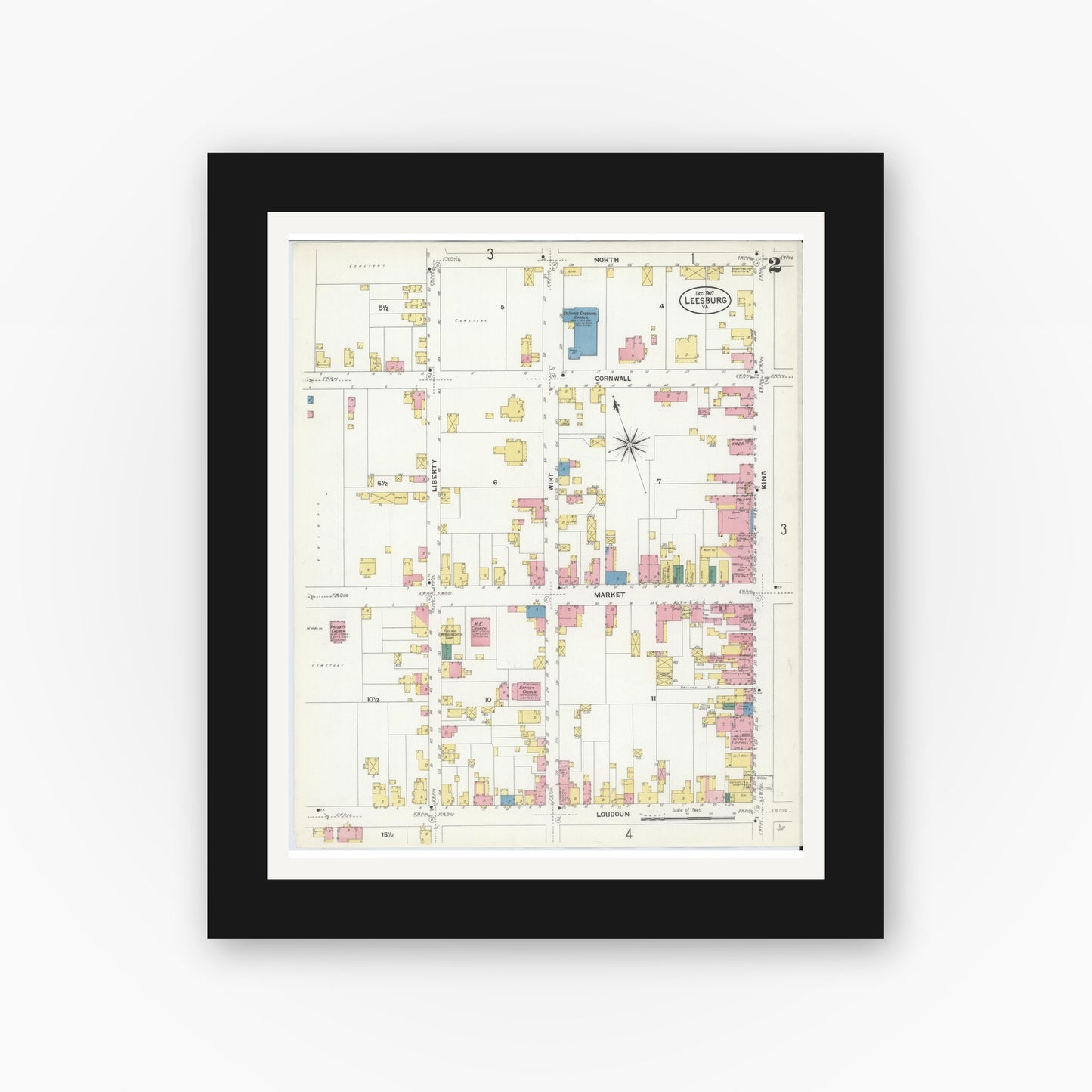Old map wall art mockup — black gallery frame with white mat — Sanborn Fire Insurance Map from Leesburg, Loudoun County, Virginia (1907), Sheet #0002