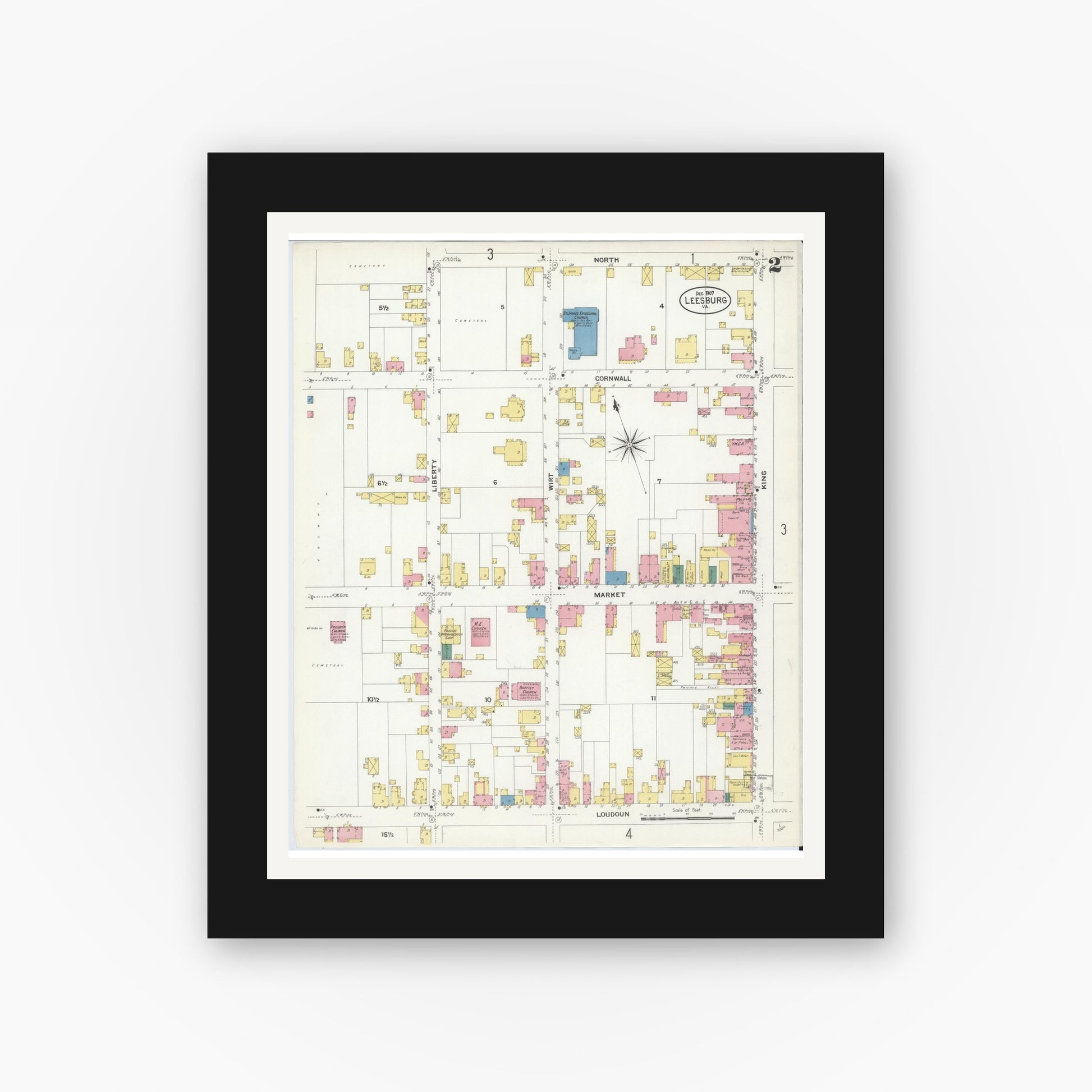 Old map wall art mockup — black gallery frame with white mat — Sanborn Fire Insurance Map from Leesburg, Loudoun County, Virginia (1907), Sheet #0002