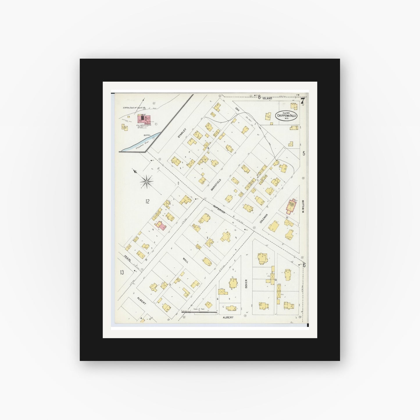 Old map wall art mockup — black gallery frame with white mat — Sanborn Fire Insurance Map from Chippewa Falls, Chippewa County, Wisconsin (1903), Sheet #0007