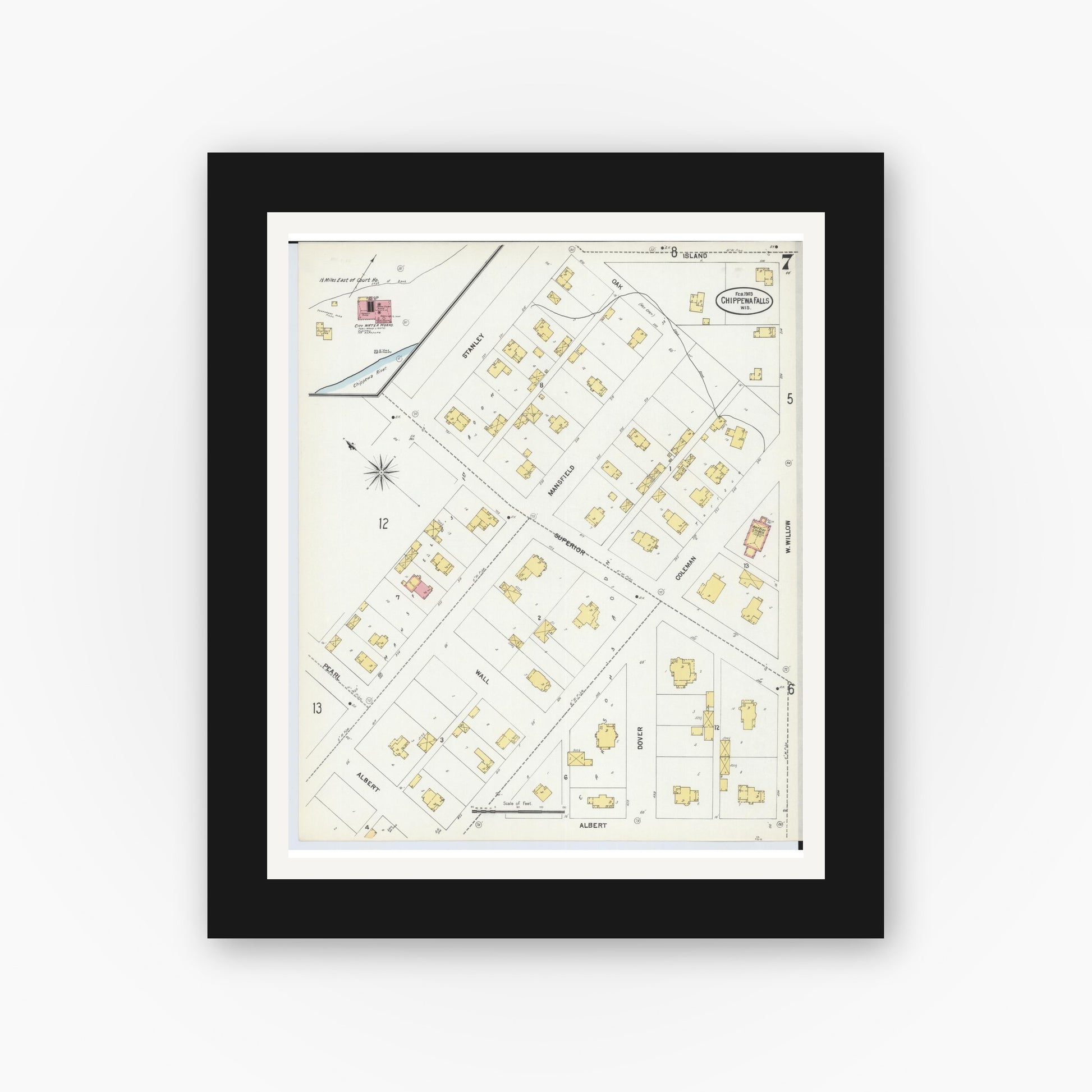 Old map wall art mockup — black gallery frame with white mat — Sanborn Fire Insurance Map from Chippewa Falls, Chippewa County, Wisconsin (1903), Sheet #0007