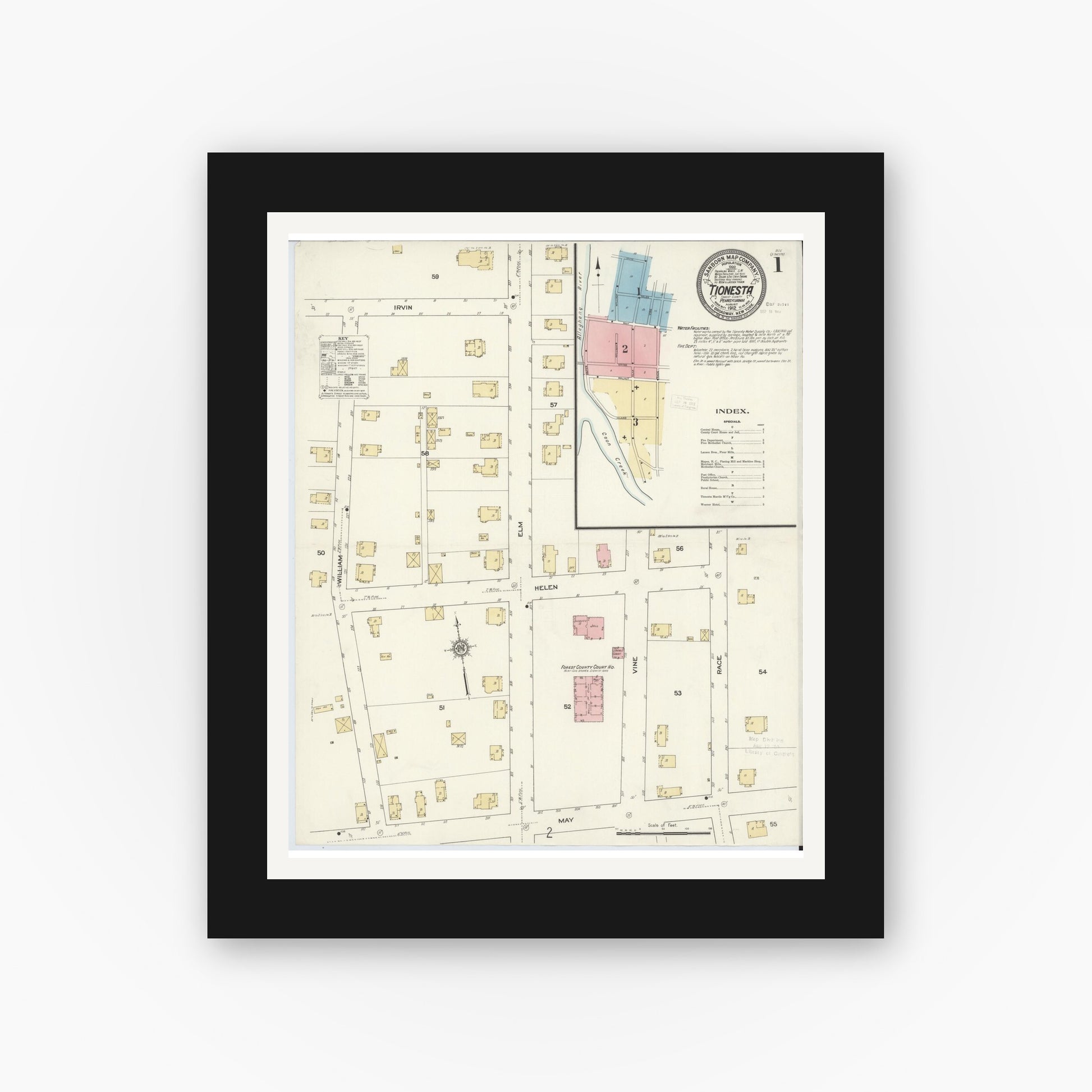 Old map wall art mockup — black gallery frame with white mat — Sanborn Fire Insurance Map from Tionesta, Forest County, Pennsylvania (1912) - Complete Map Set