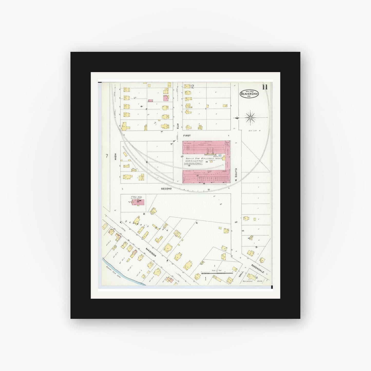 Old map wall art mockup — black gallery frame with white mat — Sanborn Fire Insurance Map from Beaver Dam, Dodge County, Wisconsin (1909), Sheet #0011