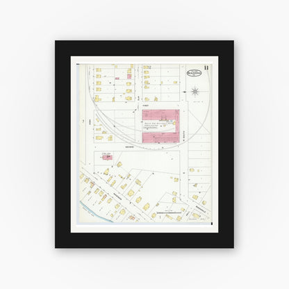 Old map wall art mockup — black gallery frame with white mat — Sanborn Fire Insurance Map from Beaver Dam, Dodge County, Wisconsin (1909), Sheet #0011