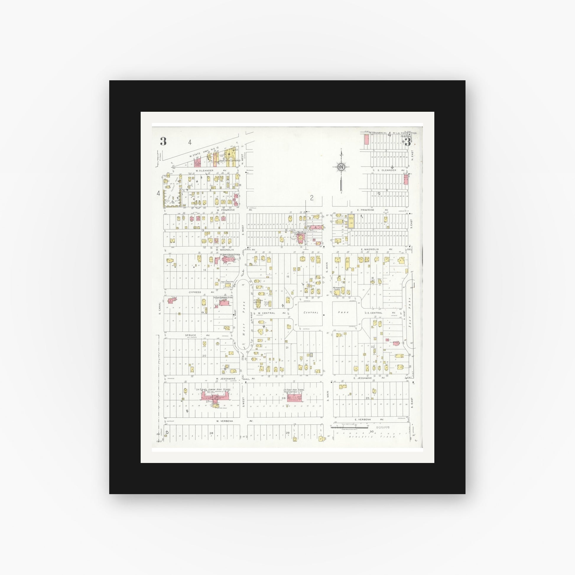 Old map wall art mockup — black gallery frame with white mat — Sanborn Fire Insurance Map from La Feria, Cameron County, Texas (1936), Sheet #0003