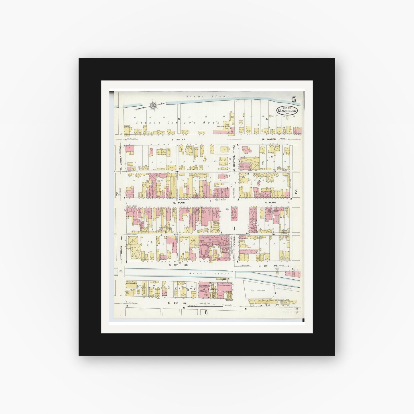 Old map wall art mockup — black gallery frame with white mat — Sanborn Fire Insurance Map from Miamisburg, Montgomery County, Ohio (1911), Sheet #0005