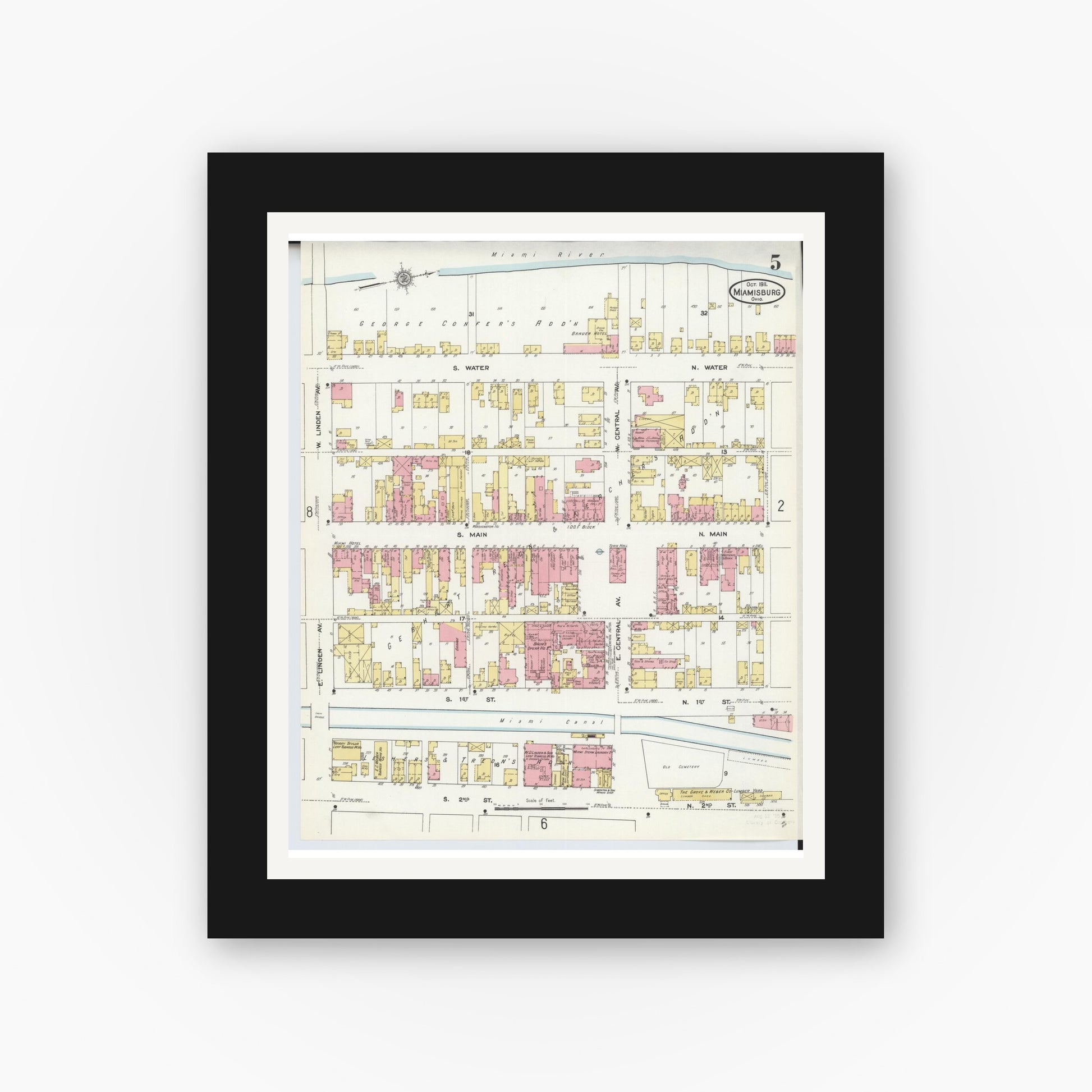 Old map wall art mockup — black gallery frame with white mat — Sanborn Fire Insurance Map from Miamisburg, Montgomery County, Ohio (1911), Sheet #0005