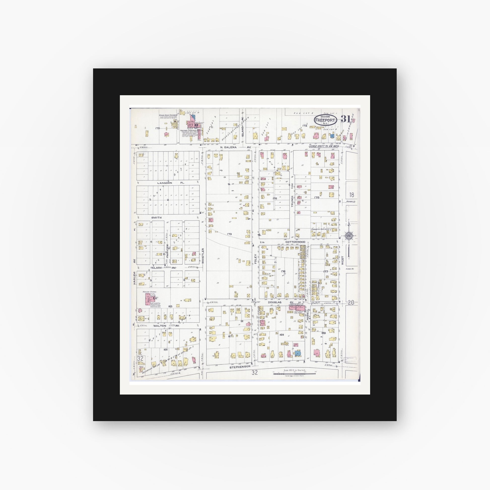 Old map wall art mockup — black gallery frame with white mat — Sanborn Fire Insurance Map from Freeport, Stephenson County, Illinois (1918), Sheet #0031
