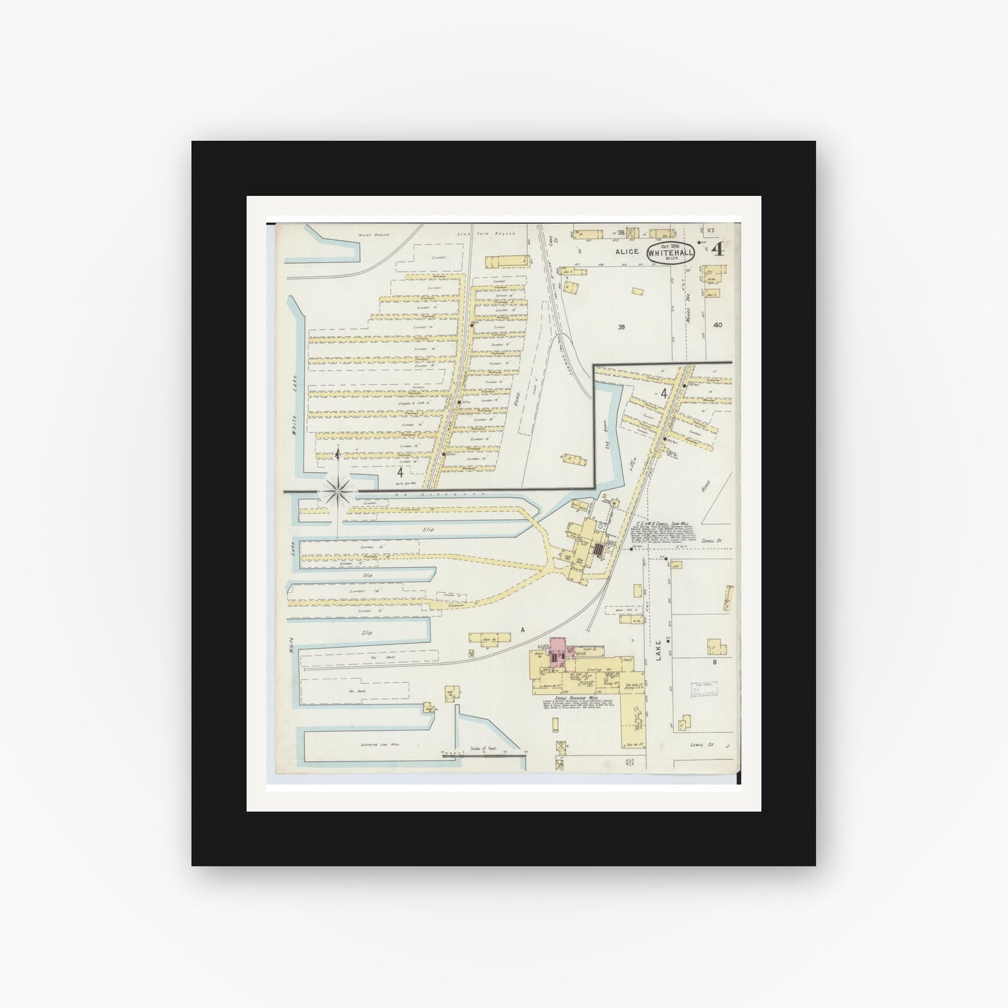 Old map wall art mockup — black gallery frame with white mat — Sanborn Fire Insurance Map from Whitehall, Muskegon County, Michigan (1896), Sheet #0004