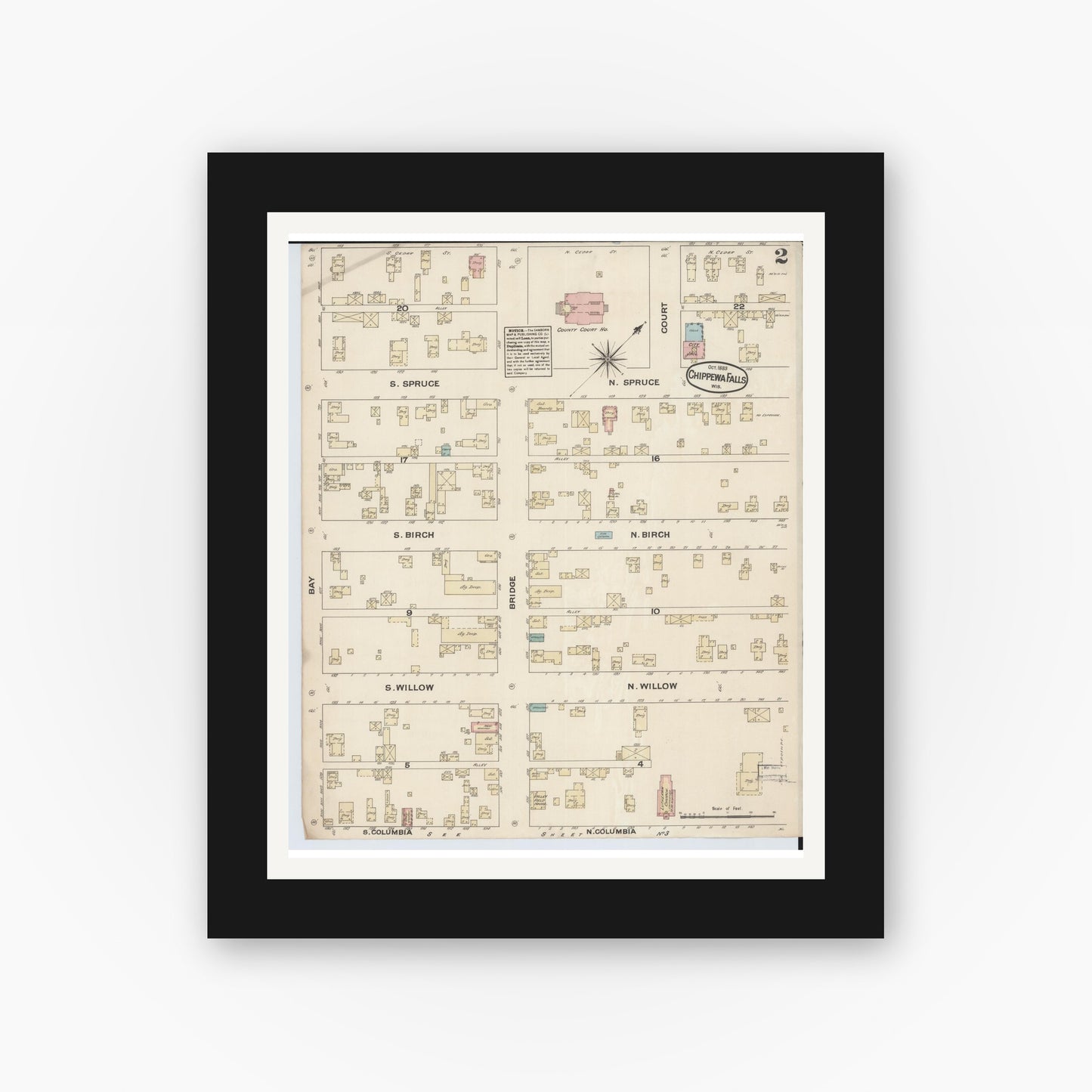 Old map wall art mockup — black gallery frame with white mat — Sanborn Fire Insurance Map from Chippewa Falls, Chippewa County, Wisconsin (1883), Sheet #0002
