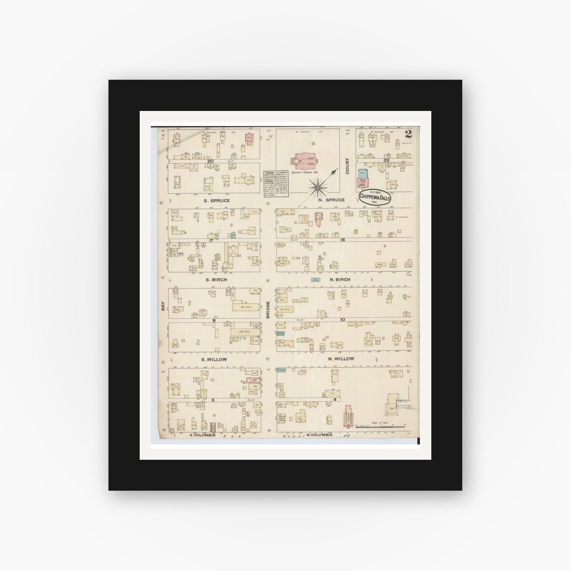 Old map wall art mockup — black gallery frame with white mat — Sanborn Fire Insurance Map from Chippewa Falls, Chippewa County, Wisconsin (1883), Sheet #0002