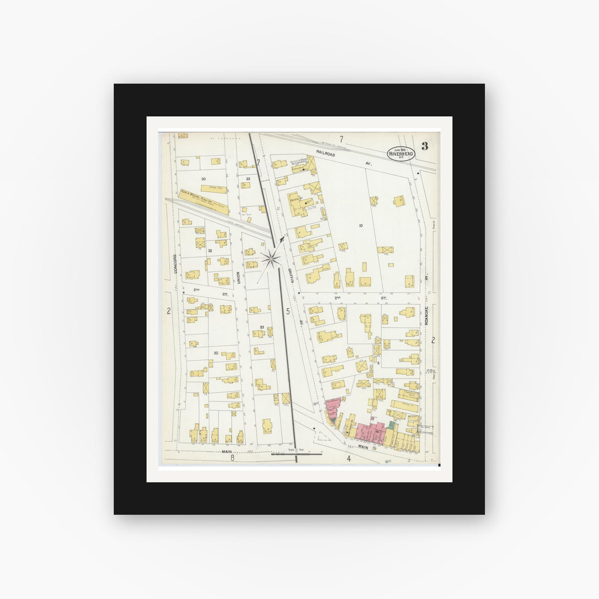 Old map wall art mockup — black gallery frame with white mat — Sanborn Fire Insurance Map from Riverhead, Suffolk County, New York (1902), Sheet #0003