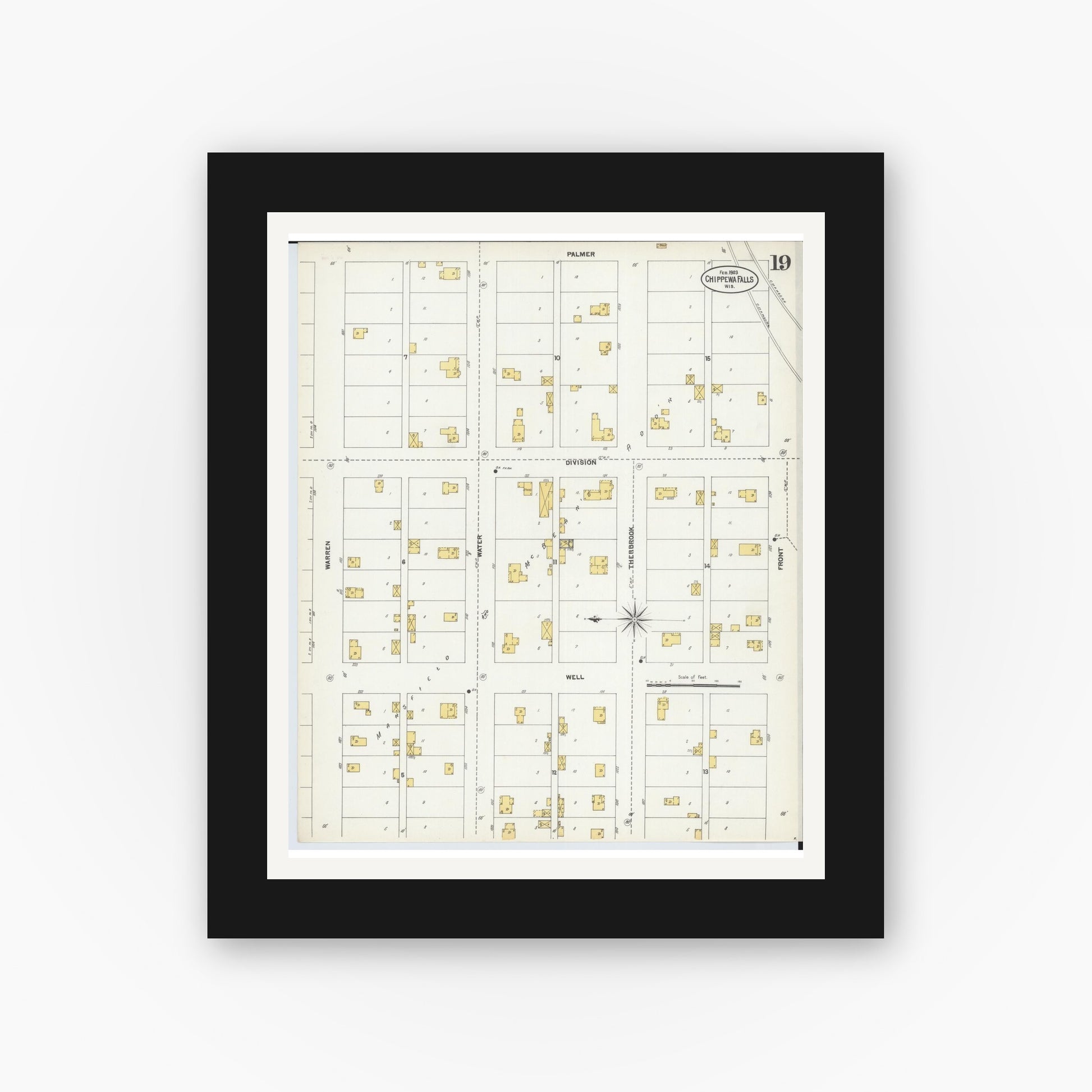 Old map wall art mockup — black gallery frame with white mat — Sanborn Fire Insurance Map from Chippewa Falls, Chippewa County, Wisconsin (1903), Sheet #0019