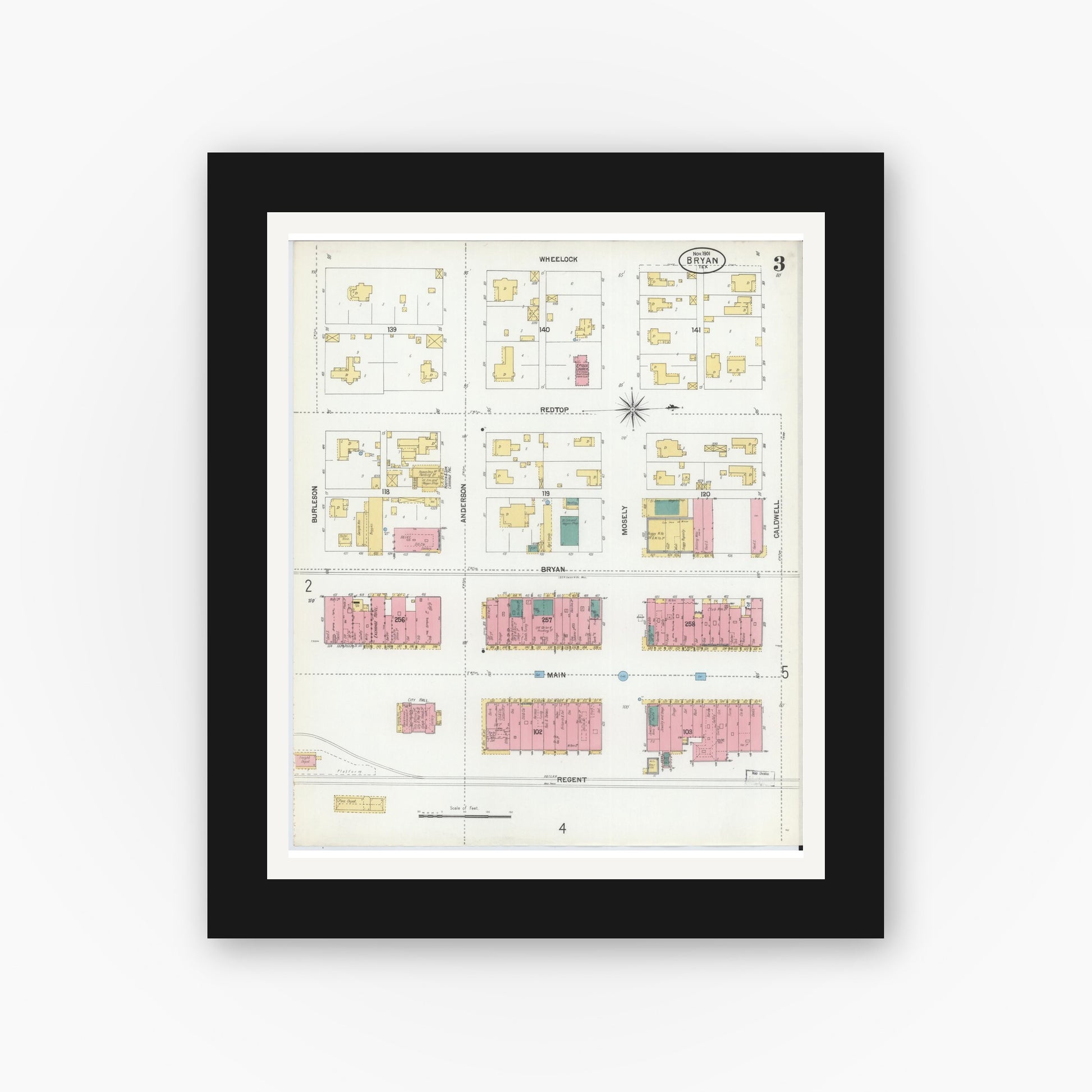 Old map wall art mockup — black gallery frame with white mat — Sanborn Fire Insurance Map from Bryan, Brazos County, Texas (1901), Sheet #0003