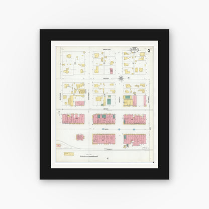 Old map wall art mockup — black gallery frame with white mat — Sanborn Fire Insurance Map from Bryan, Brazos County, Texas (1901), Sheet #0003