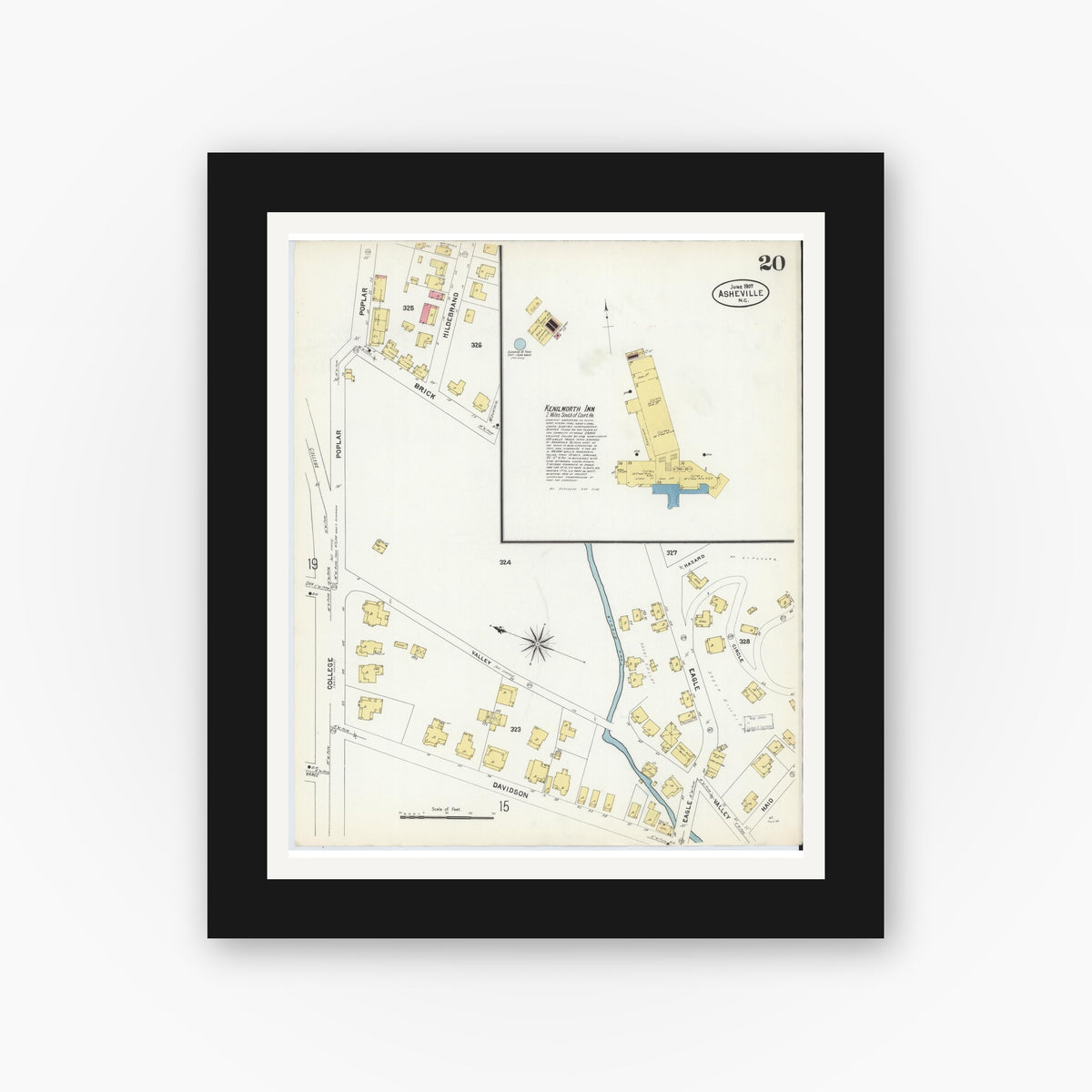 Old map wall art mockup — black gallery frame with white mat — Sanborn Fire Insurance Map from Asheville, Buncombe County, North Carolina (1907), Sheet #0020