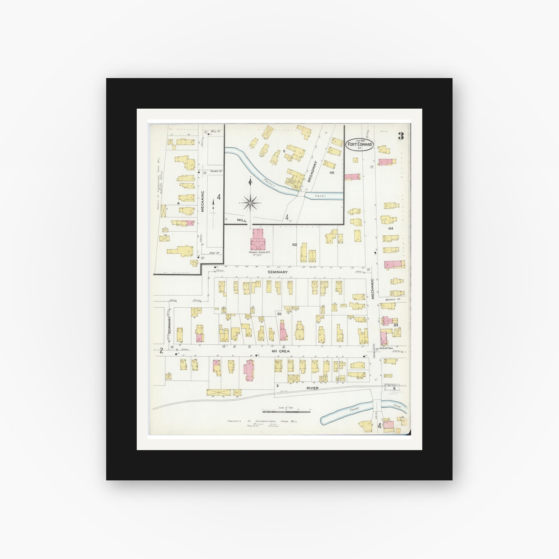 Old map wall art mockup — black gallery frame with white mat — Sanborn Fire Insurance Map from Fort Edward, Washington County, New York (1909), Sheet #0003
