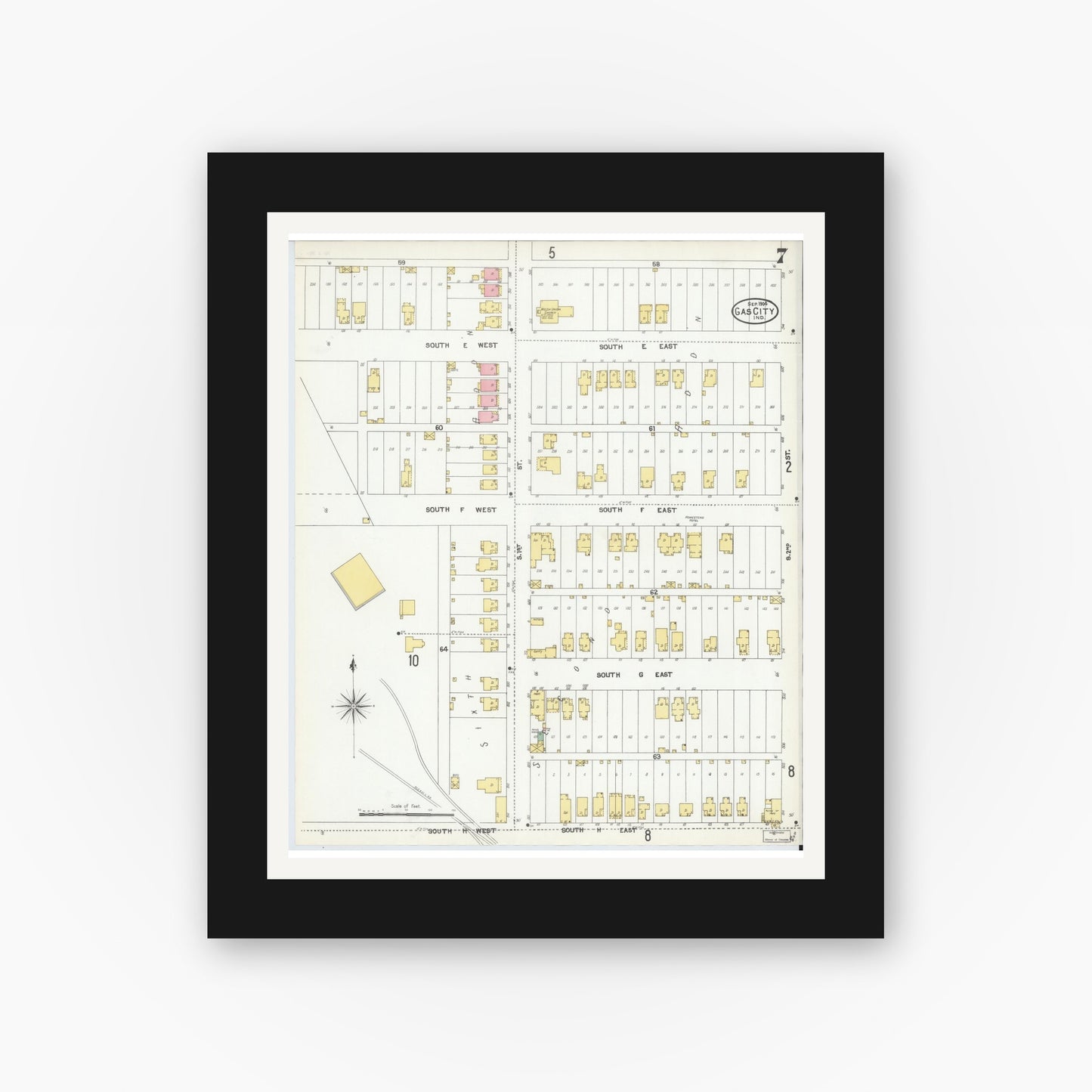 Old map wall art mockup — black gallery frame with white mat — Sanborn Fire Insurance Map from Gas City, Grant County, Indiana (1904), Sheet #0007