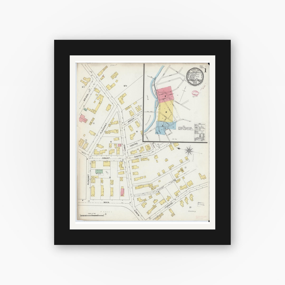 Old map wall art mockup — black gallery frame with white mat — Sanborn Fire Insurance Map from South Hadley Falls, Hampshire County, Massachusetts (1895) - Complete Map Set