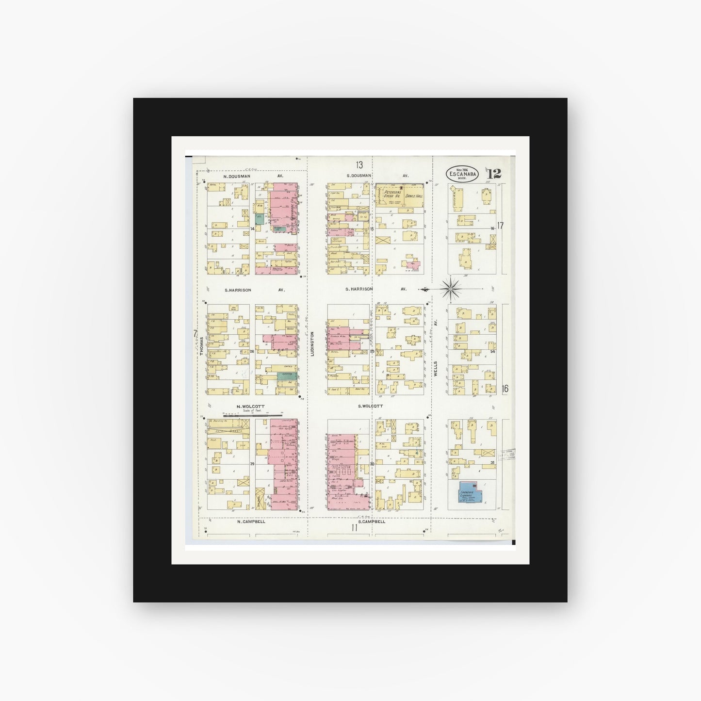 Old map wall art mockup — black gallery frame with white mat — Sanborn Fire Insurance Map from Escanaba, Delta County, Michigan (1906), Sheet #0012