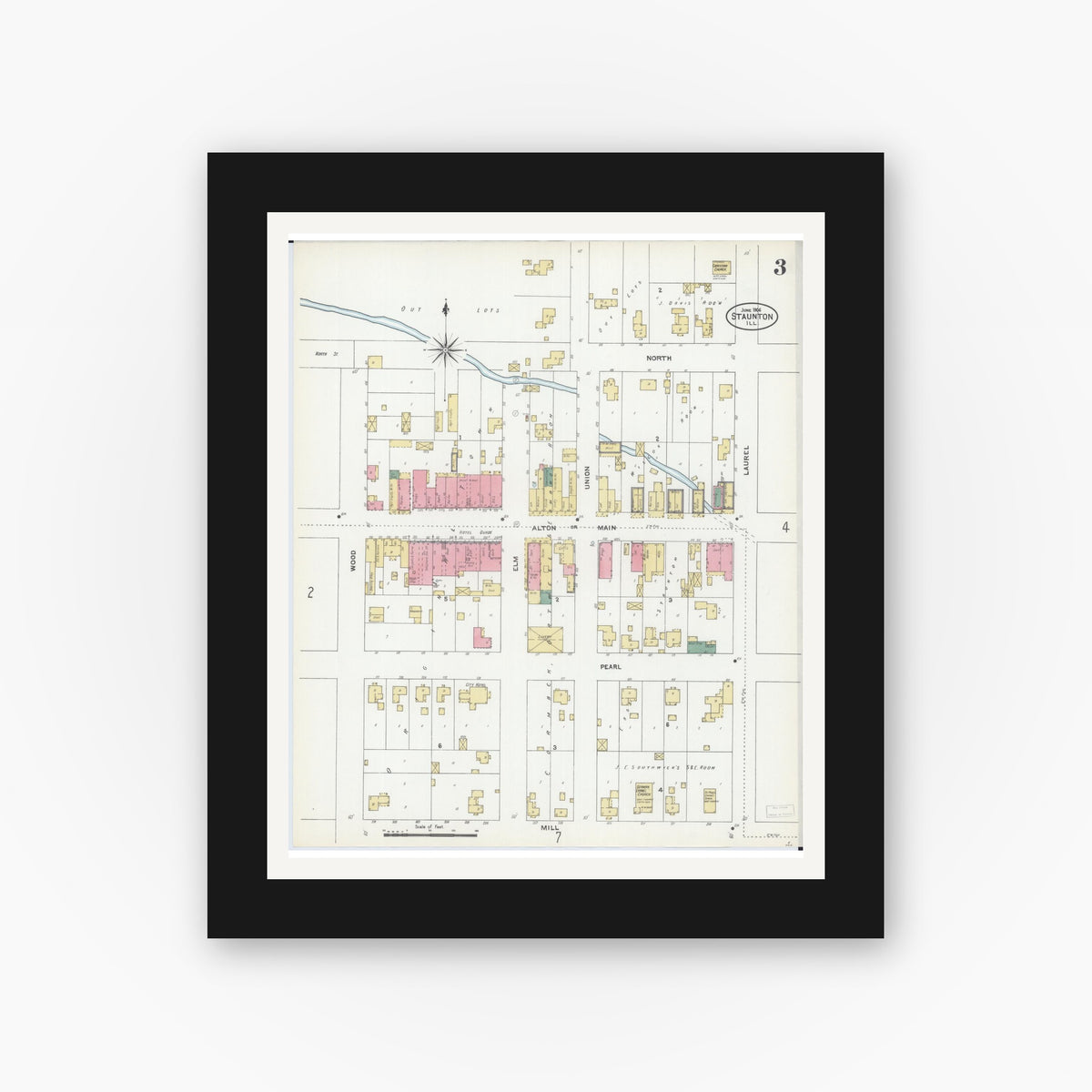 Old map wall art mockup — black gallery frame with white mat — Sanborn Fire Insurance Map from Staunton, Macoupin County, Illinois (1906), Sheet #0003