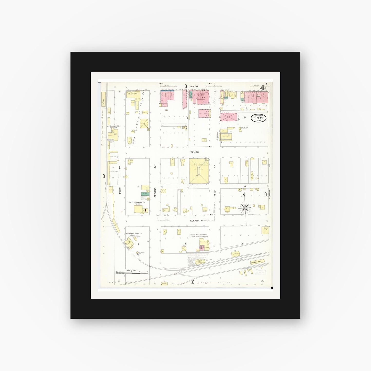 Old map wall art mockup — black gallery frame with white mat — Sanborn Fire Insurance Map from Sibley, Osceola County, Iowa (1907), Sheet #0004