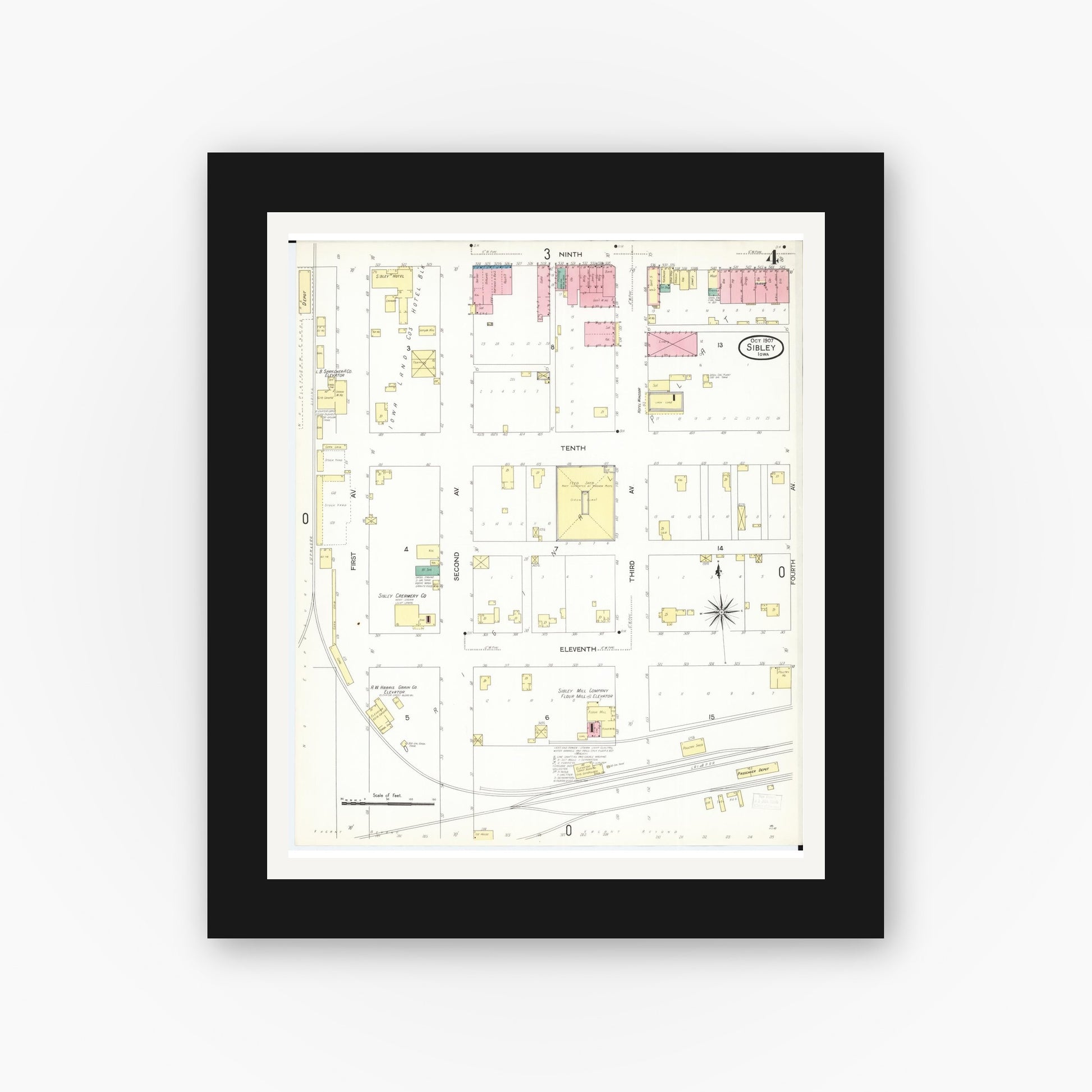Old map wall art mockup — black gallery frame with white mat — Sanborn Fire Insurance Map from Sibley, Osceola County, Iowa (1907), Sheet #0004