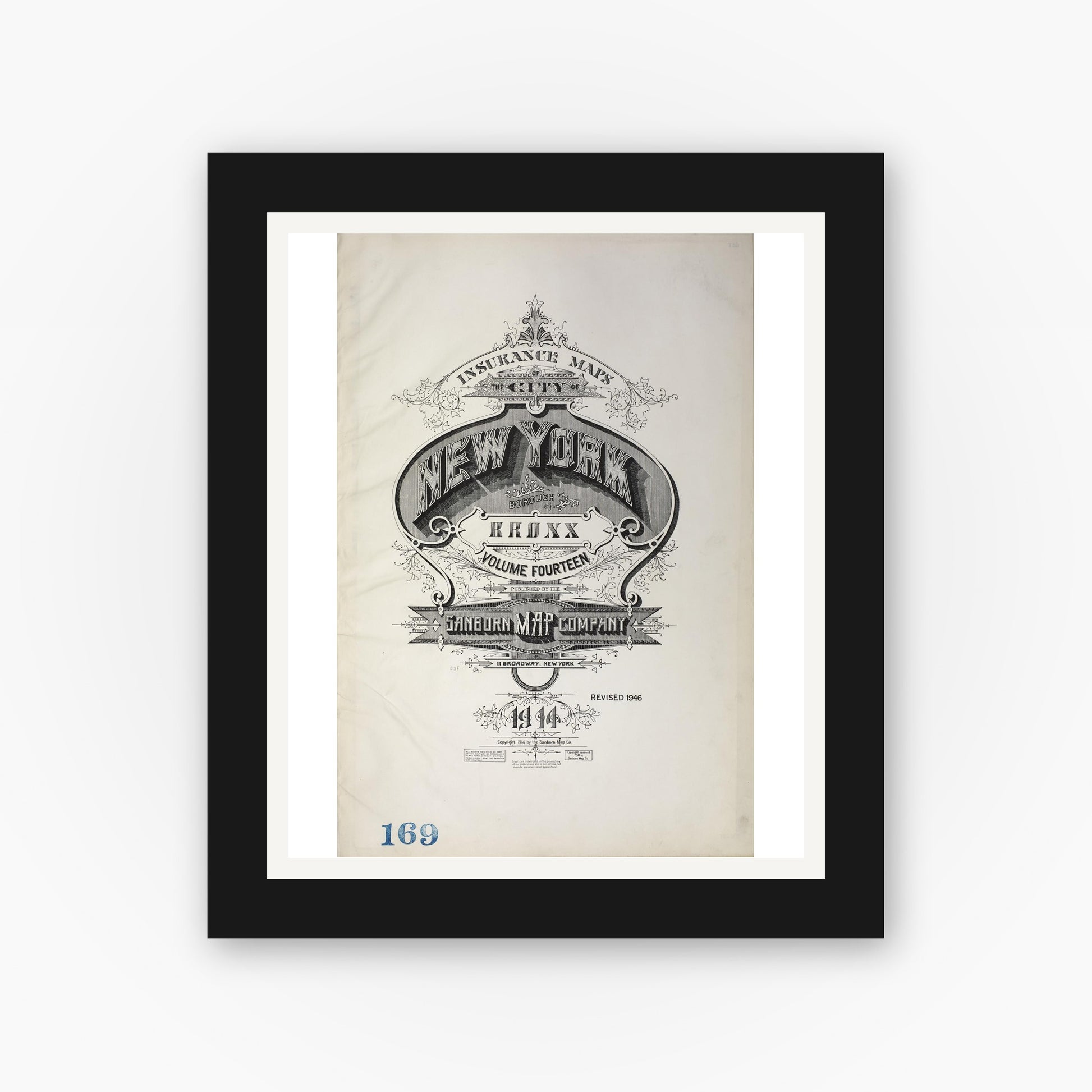 Old map wall art mockup — black gallery frame with white mat — Sanborn Fire Insurance Map from New York, Bronx, Manhattan, New York (1946), Sheet #0001