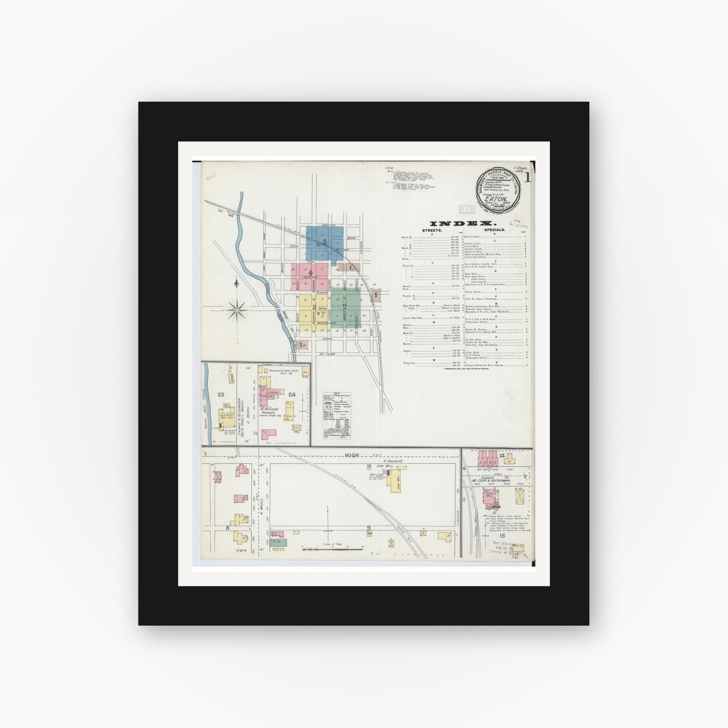 Old map wall art mockup — black gallery frame with white mat — Sanborn Fire Insurance Map from Eaton, Preble County, Ohio (1892) - Complete Map Set