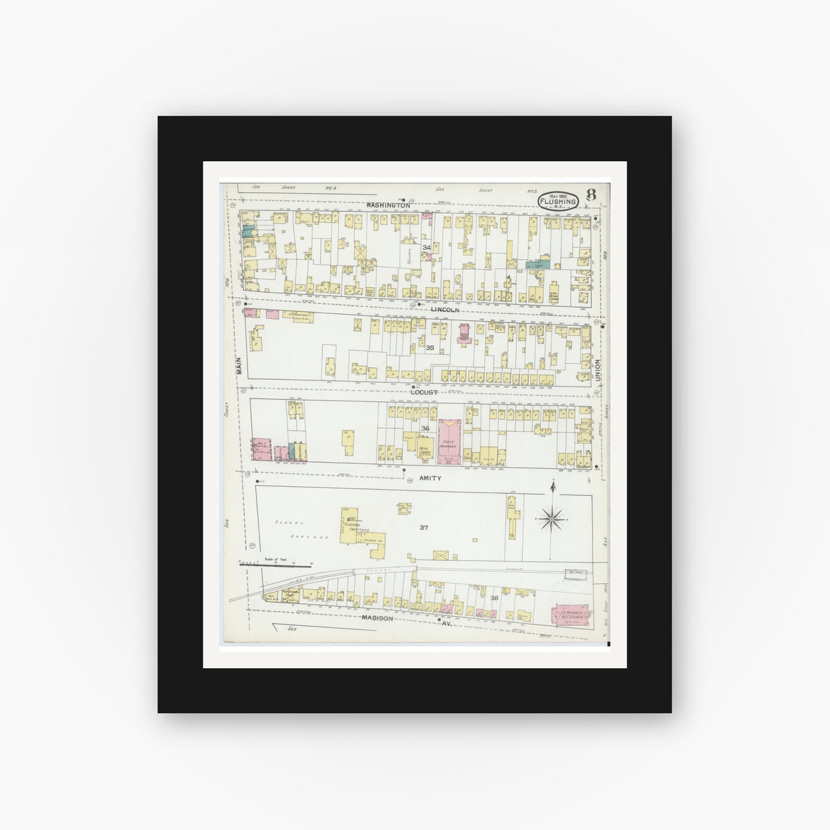 Old map wall art mockup — black gallery frame with white mat — Sanborn Fire Insurance Map from Flushing, Queens County, New York (1892), Sheet #0008