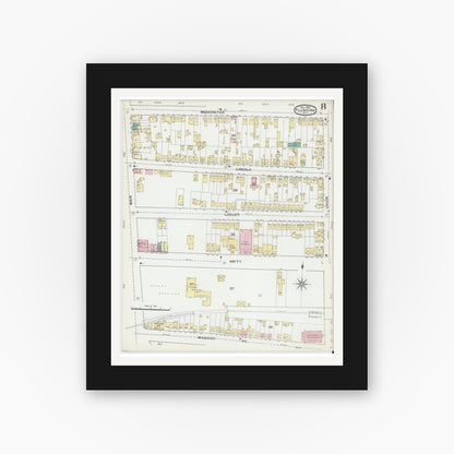 Old map wall art mockup — black gallery frame with white mat — Sanborn Fire Insurance Map from Flushing, Queens County, New York (1892), Sheet #0008