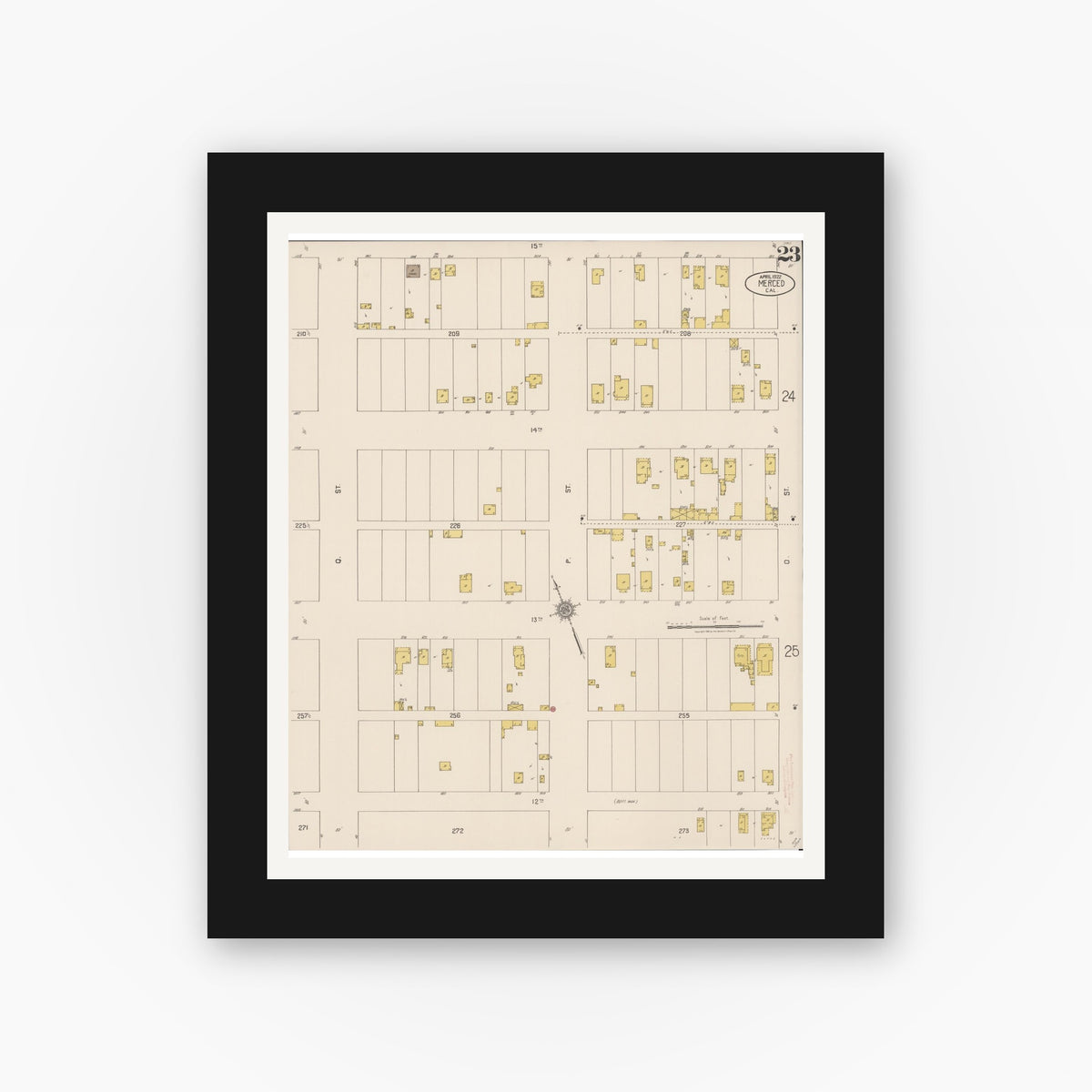 Old map wall art mockup — black gallery frame with white mat — Sanborn Fire Insurance Map from Merced, Merced County, California (1922), Sheet #0023