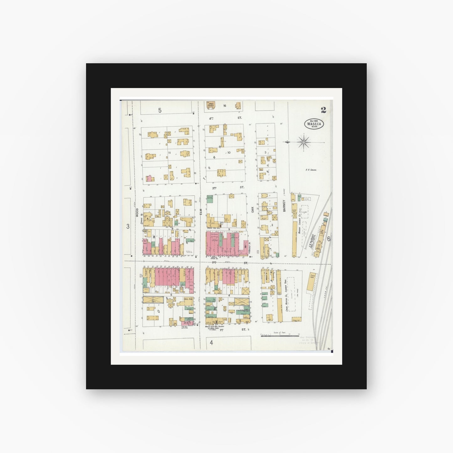 Old map wall art mockup — black gallery frame with white mat — Sanborn Fire Insurance Map from Waseca, Waseca County, Minnesota (1899), Sheet #0002