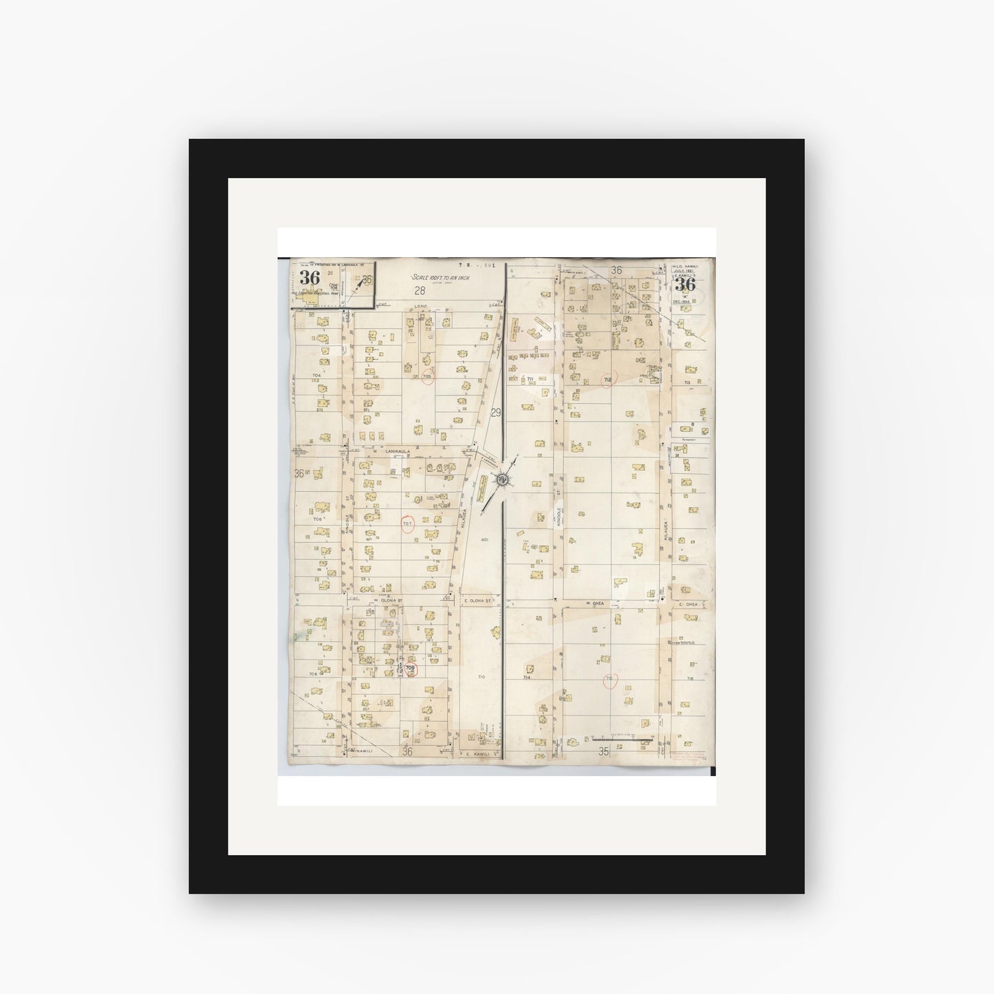Old map wall art mockup — black gallery frame with white mat — Sanborn Fire Insurance Map from Hilo, Hawaii County, Hawaii (1957), Sheet #0036