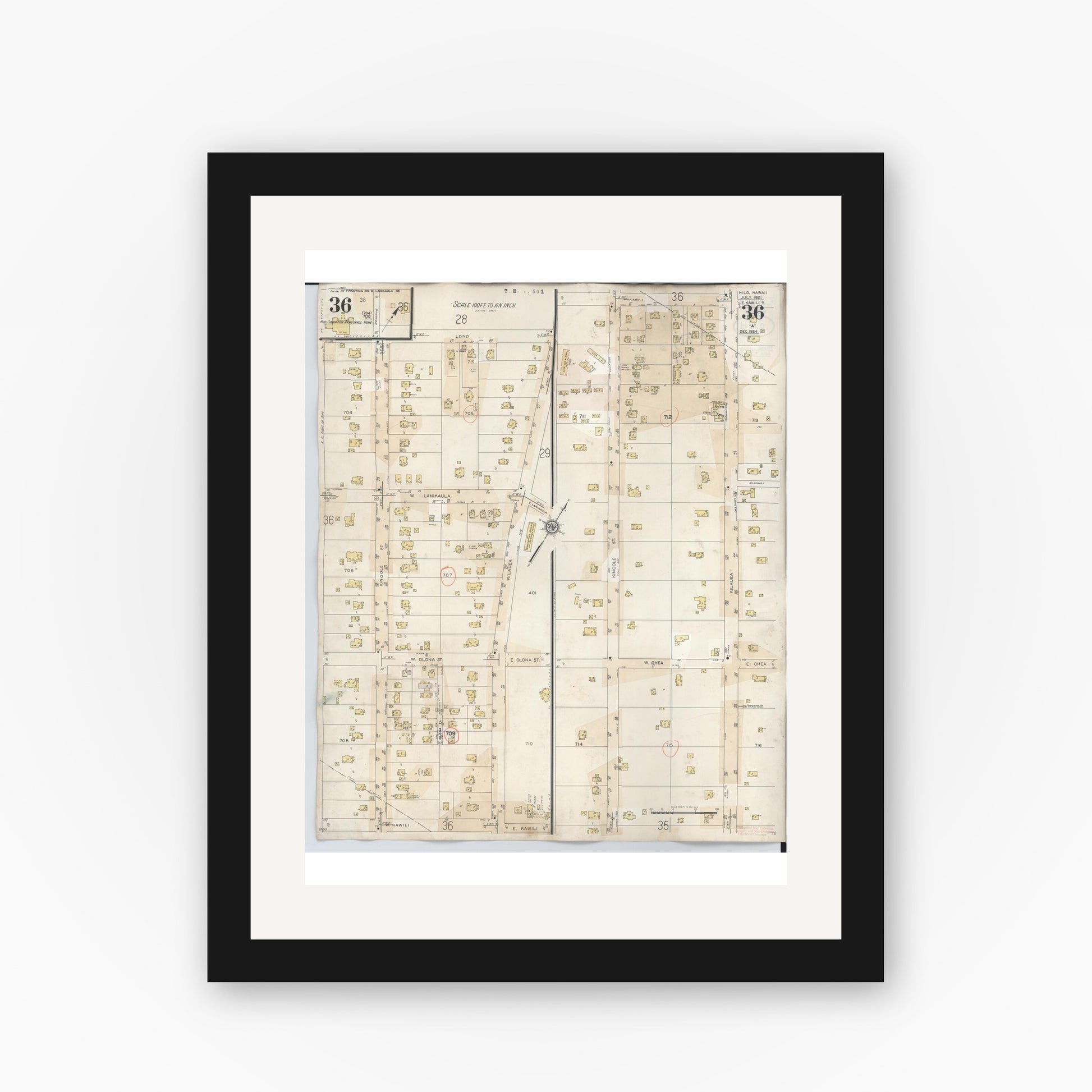 Old map wall art mockup — black gallery frame with white mat — Sanborn Fire Insurance Map from Hilo, Hawaii County, Hawaii (1957), Sheet #0036