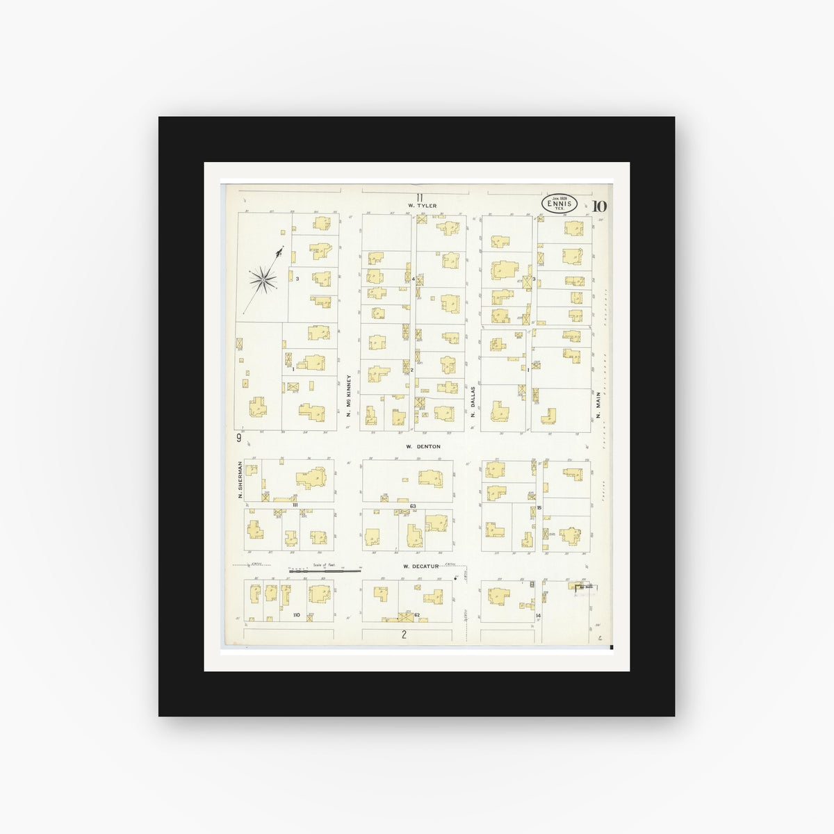 Old map wall art mockup — black gallery frame with white mat — Sanborn Fire Insurance Map from Ennis, Ellis County, Texas (1909), Sheet #0010