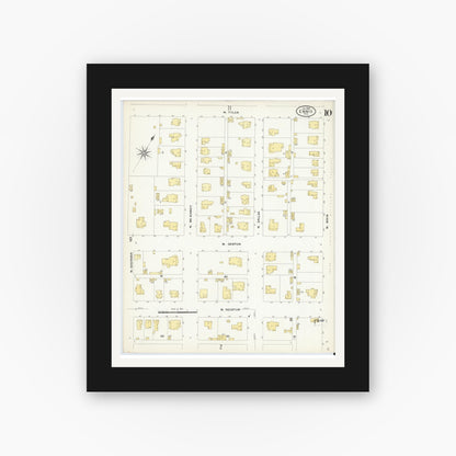 Old map wall art mockup — black gallery frame with white mat — Sanborn Fire Insurance Map from Ennis, Ellis County, Texas (1909), Sheet #0010