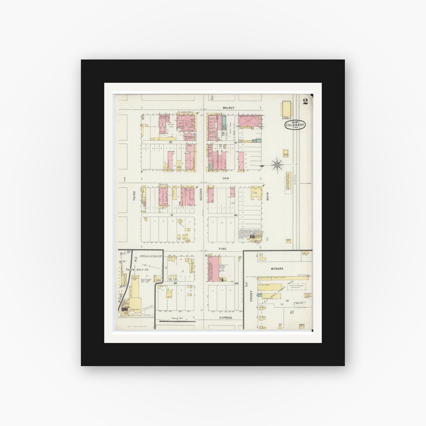 Old map wall art mockup — black gallery frame with white mat — Sanborn Fire Insurance Map from Colorado, Mitchell County, Texas (1896), Sheet #0002