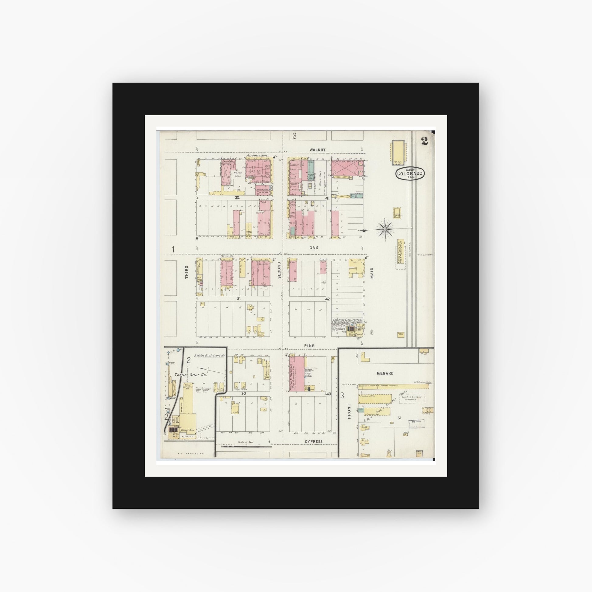 Old map wall art mockup — black gallery frame with white mat — Sanborn Fire Insurance Map from Colorado, Mitchell County, Texas (1896), Sheet #0002