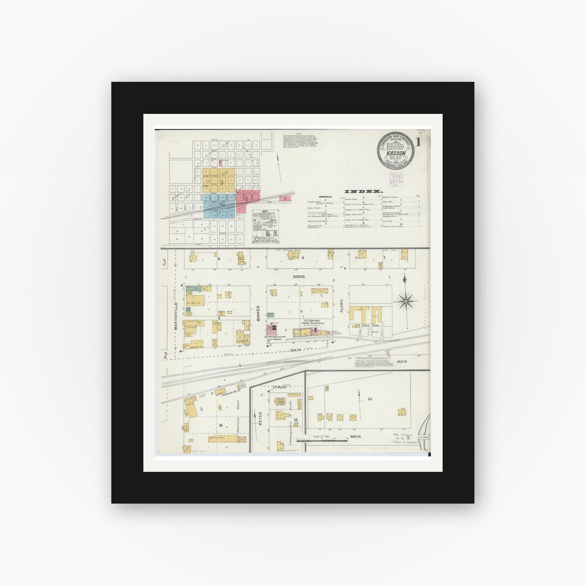 Old map wall art mockup — black gallery frame with white mat — Sanborn Fire Insurance Map from Kasson, Dodge County, Minnesota (1904) - Complete Map Set